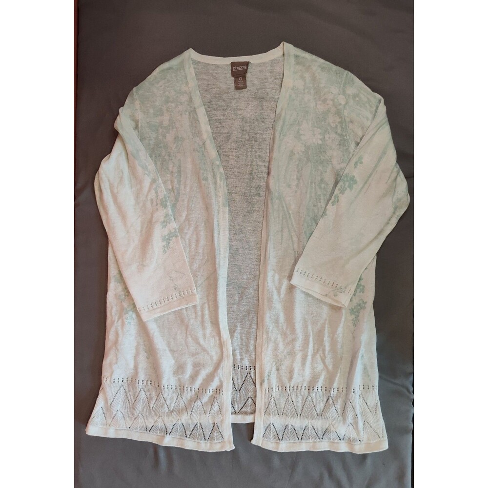 Women's Chico's Linen Blend Open Front Cardigan Sweater Cream Green Small Size 4